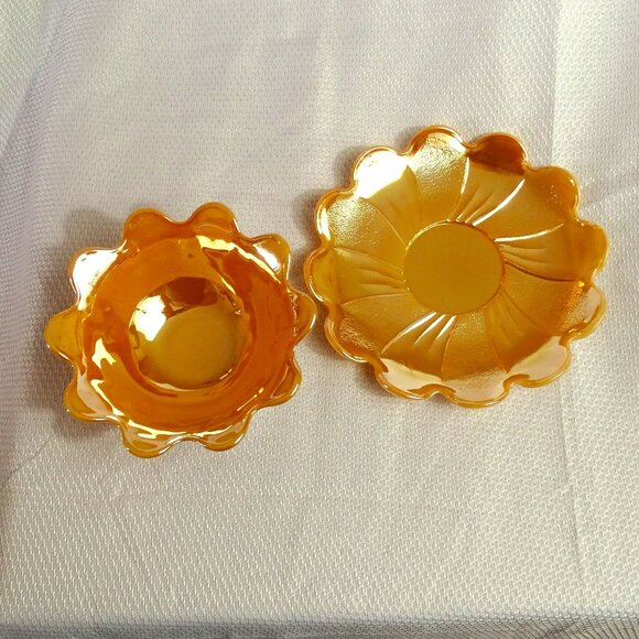 Vintage Fire King Peach Lustre Lotus Bowl & Saucer Plate Glass Set 1950s - 1960s - Picture 2 of 5